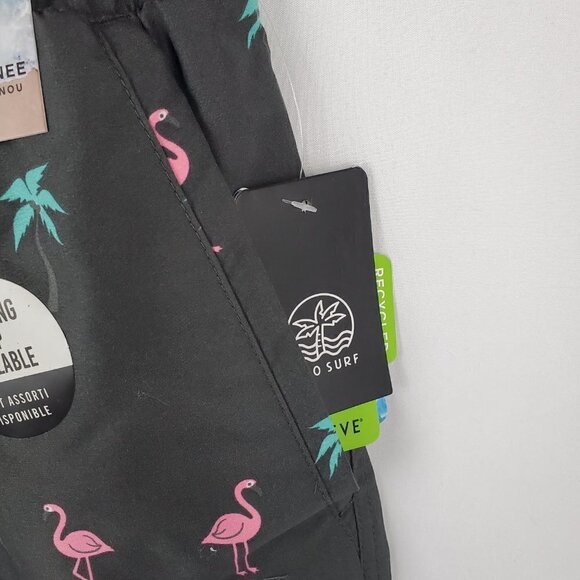 NWT 360 Surf Men's Beach Shorts Black w/ Flamingo and Palm Tree Recycled Poly - Picture 4 of 9